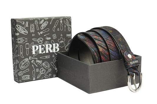 PEWomen Handmade Pin Buckle Premium Leather Belt Casual and Formal Occasion ( Black with Multi Stripes )