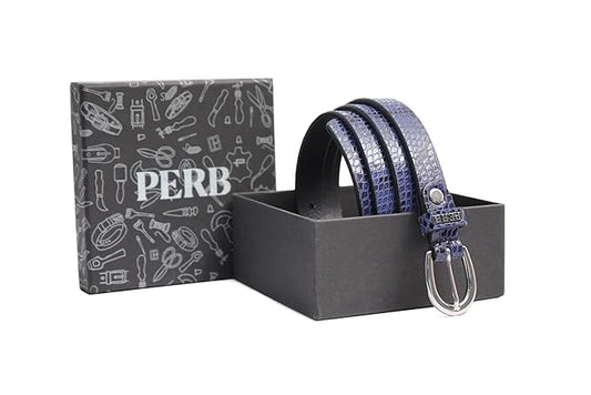 PEWomen Handmade Pin Buckle Premium Leather Belt Casual and Formal Occasion (Navy with Black Dots )