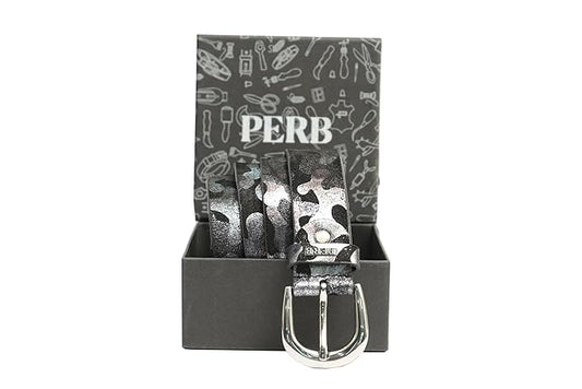 PEWomen Handmade Pin Buckle Premium Leather Belt Casual and Formal Occasion ( Black & Silver Foil)