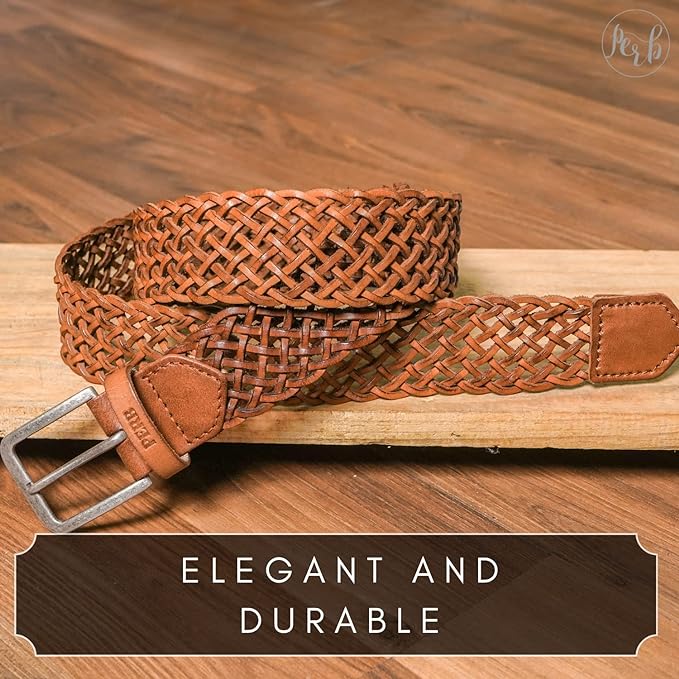 PERB - Full Grain Imported Buffalo Leather Belt for Men with Pin Buckle - 100% Handmade ( Tan-Silver Antique Buckle)