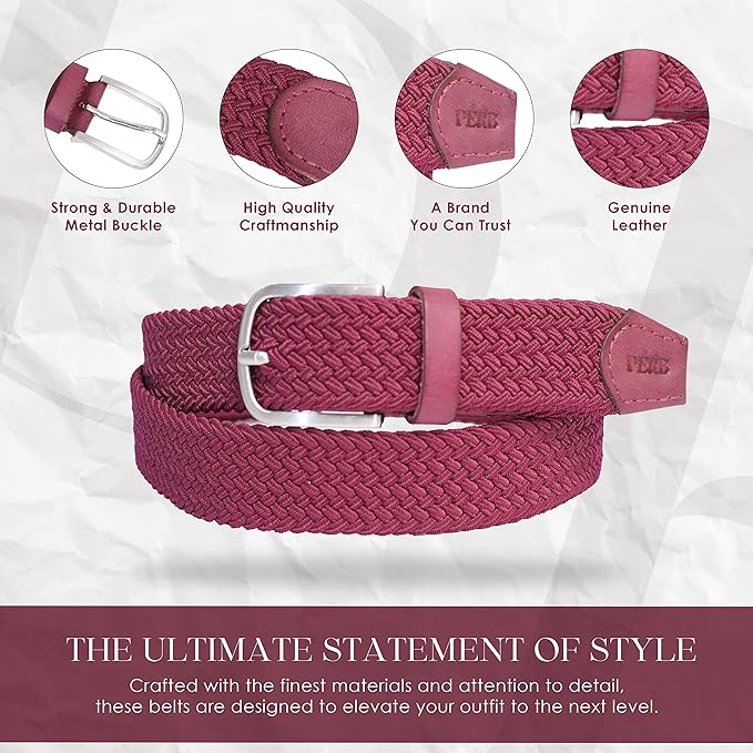 Full Grain Handmade Braided canvas Leather Belt for Men with Pin Buckle in Brush Nickle Finish (Color - Magenta)