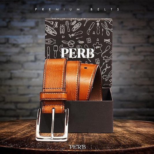 Full Grain Buffalo Premium Leather Belt for Men with Pin Buckle - 100% Handmade( Tan-Nickle Finish Buckle)