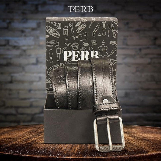 PERB - Full Grain Imported Spanish Leather Belt for Men with Pin Buckle - 100% Handmade (  Black-Antique Silver Buckle)