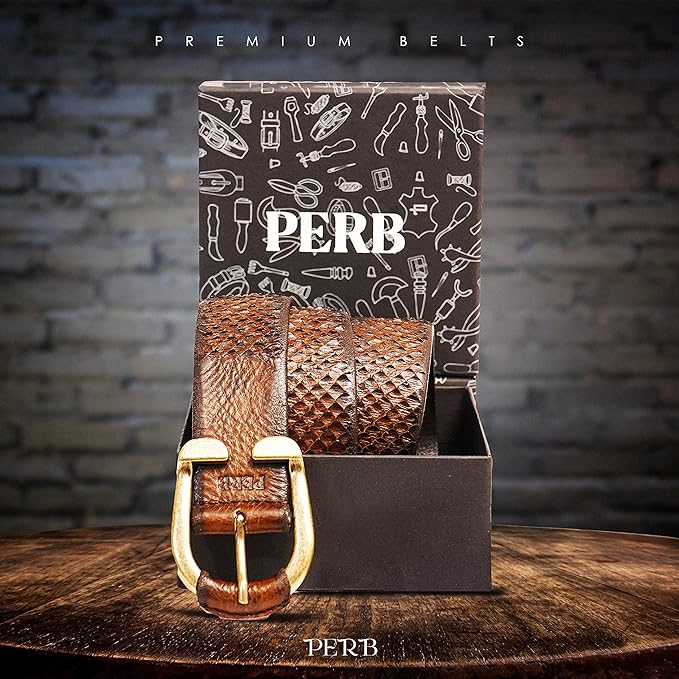 PERB - Full Grain Buffalo Premium Leather Belt for Men with Pin Buckle - 100% Handmade(Dark Brown-Antique Brass Finish Buckle))