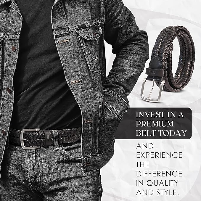 PERB - Full Grain Buffalo Premium Leather Belt for Men with Pin Buckle - 100% Handmade( Black-Nickle Finish Buckle)