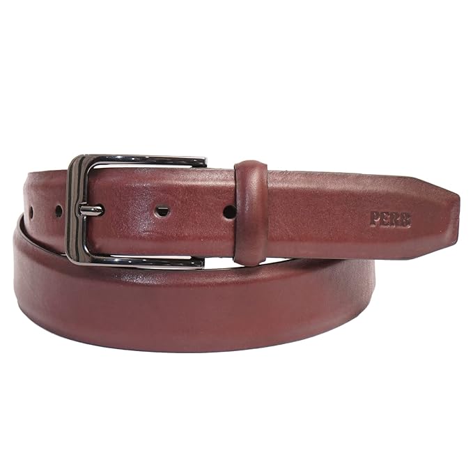 PERB - Full Grain Buffalo Premium Leather Belt for Men with Pin Buckle - 100% Handmade(Maroon-Gunmetal Finish Buckle)