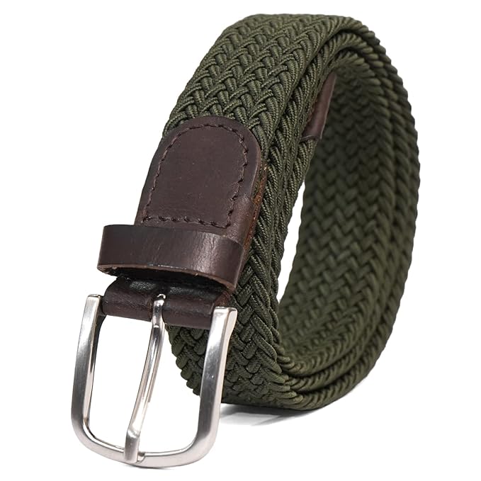 Full Grain Handmade Braided Canvas Leather Belt for Men with Pin Buckle in Brush Nickle Finish (Color - Olive)