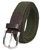 Full Grain Handmade Braided Canvas Leather Belt for Men with Pin Buckle in Brush Nickle Finish (Color - Olive)