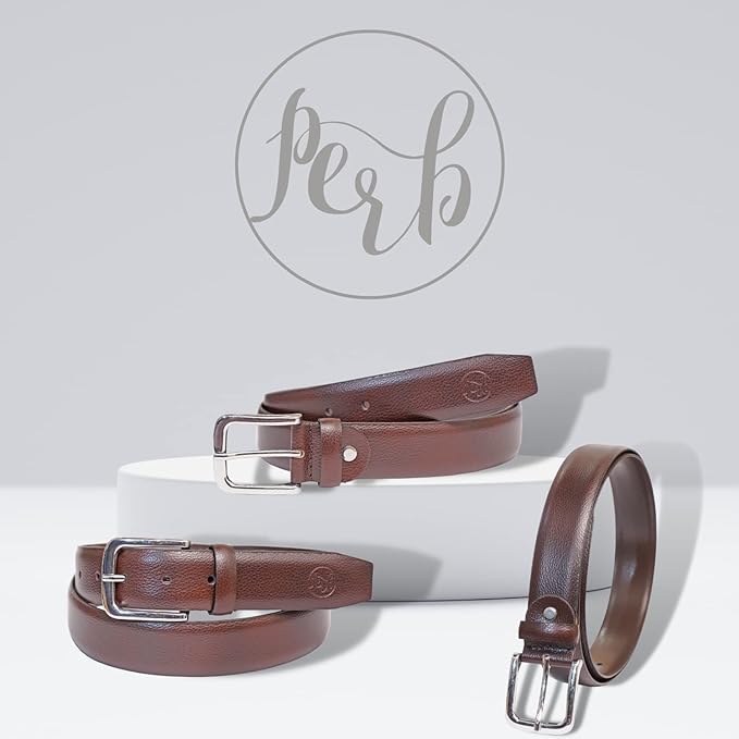 PERB - Full Grain Imported Spanish Leather Belt for Men with Pin Buckle - 100% Handmade (Brown-Nickle Finish Buckle)