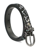 PEWomen Handmade Pin Buckle Premium Leather Belt Casual and Formal Occasion ( Black with Multi Dots Foil)