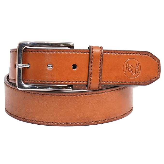 Full Grain Buffalo Premium Leather Belt for Men with Pin Buckle - 100% Handmade( Tan-Nickle Finish Buckle)