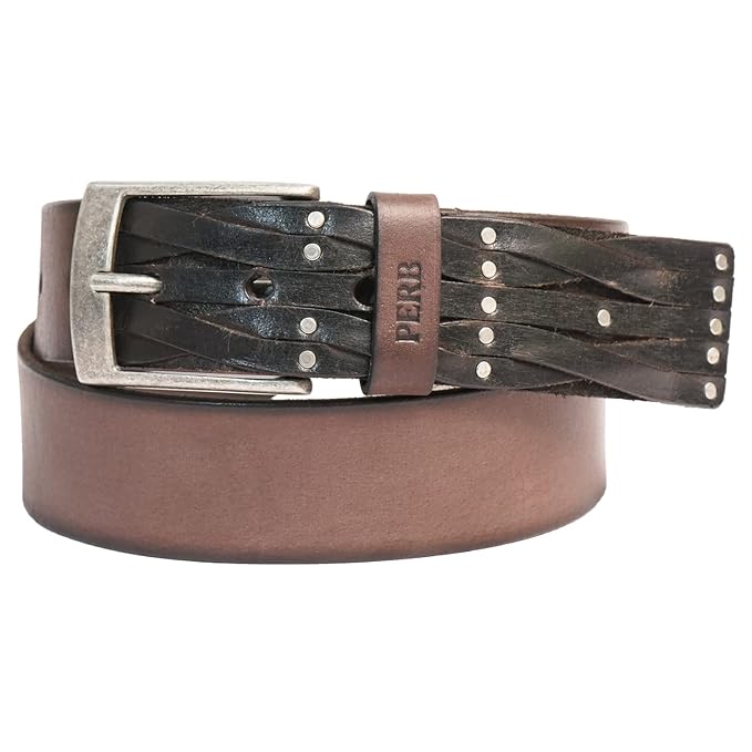 PERB - Full Grain Buffalo Premium Leather Belt for Men with Pin Buckle - 100% Handmade( Washed Brown-Antique Silver Finish Buckle)