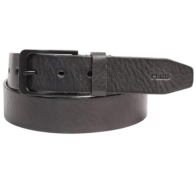 PERB - Full Grain Buffalo Premium Leather Belt for Men with Pin Buckle - 100% Handmade(Black-Matt Black Finish Buckle)