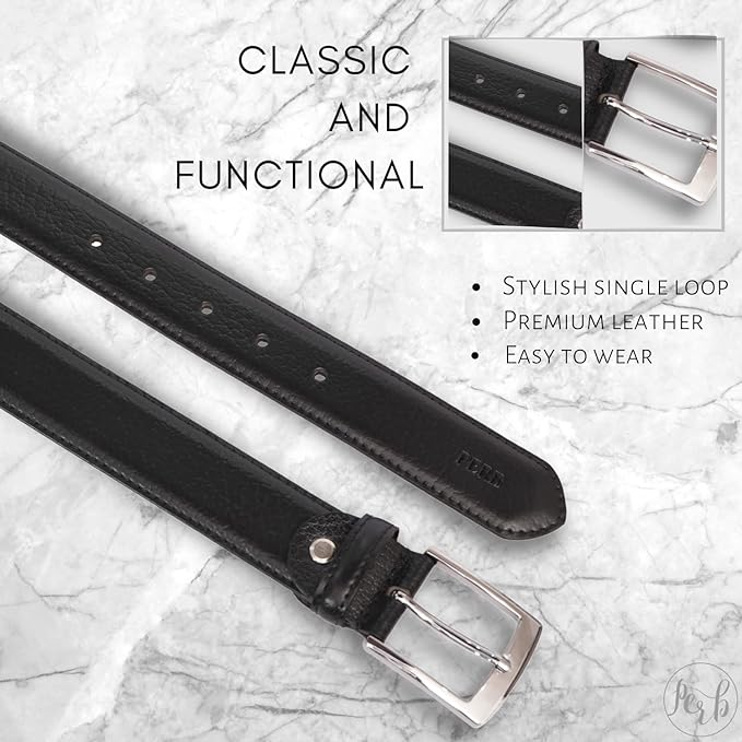 PERB - Full Grain Imported Spanish Leather Belt for Men with Pin Buckle - 100% Handmade (Black-Nickle Finish Buckle)