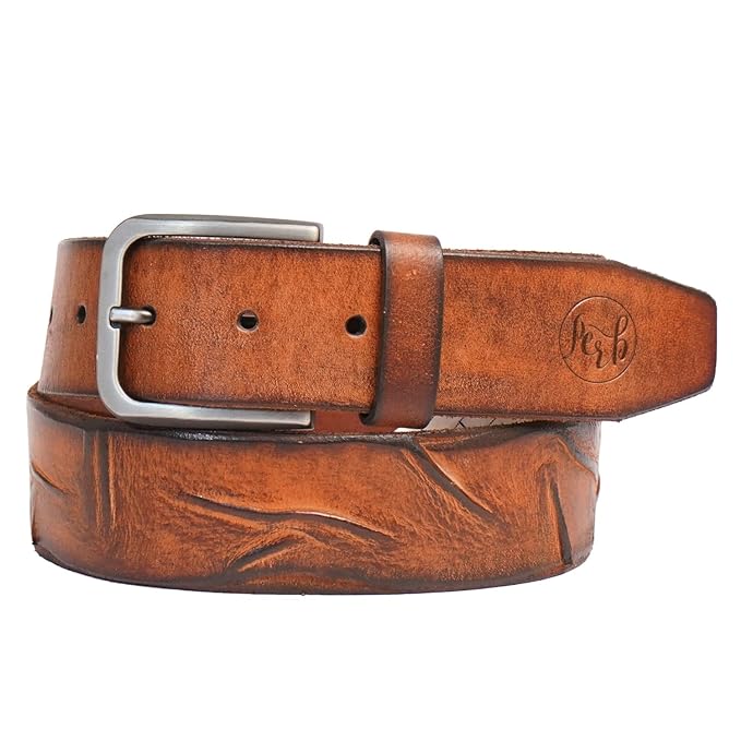 PERB - Full Grain Buffalo Premium Leather Belt for Men with Pin Buckle - 100% Handmade(Tan-Antique Zinc Finish Buckle)