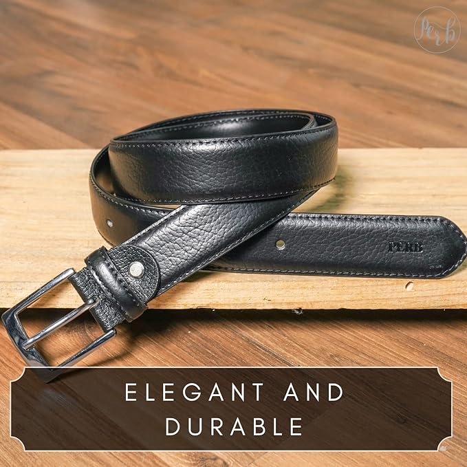 PERB - Full Grain Imported Spanish Leather Belt for Men with Pin Buckle - 100% Handmade (Black-Nickle Finish Buckle)