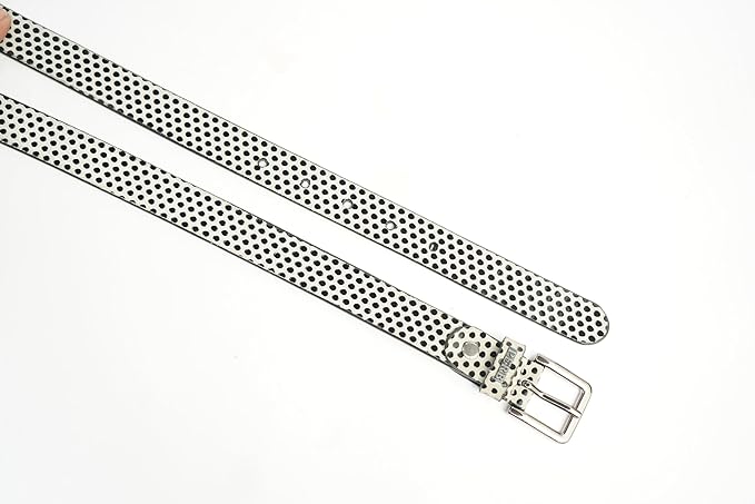 PEWomen Handmade Pin Buckle Premium Leather Belt Casual and Formal Occasion ( Black with White Polka Dots Foil )