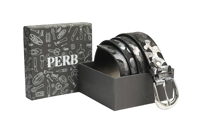 PEWomen Handmade Pin Buckle Premium Leather Belt Casual and Formal Occasion ( Black & Silver Foil)