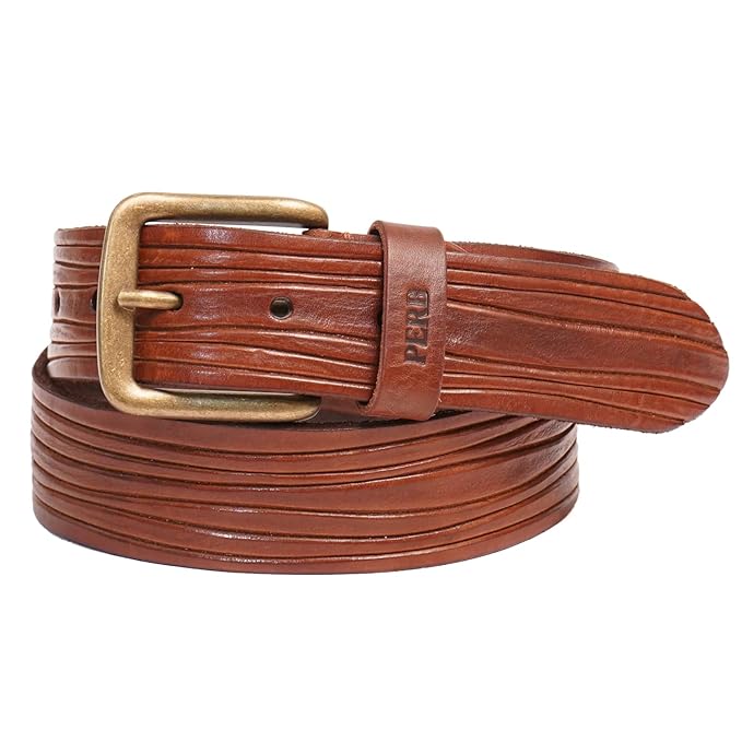 PERB - Full Grain Buffalo Premium Leather Belt for Men with Pin Buckle - 100% Handmade(Brown-Antique Brass Finish Buckle)