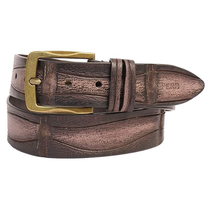 Full Grain Buffalo Premium Leather Belt for Men with Pin Buckle - 100% Handmade( Washed Black with Brown-Brass Finish Buckle)