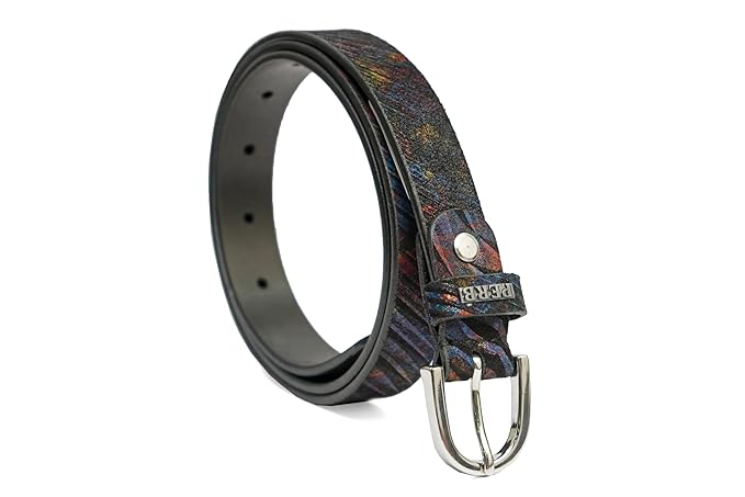 PEWomen Handmade Pin Buckle Premium Leather Belt Casual and Formal Occasion ( Black with Multi Stripes )