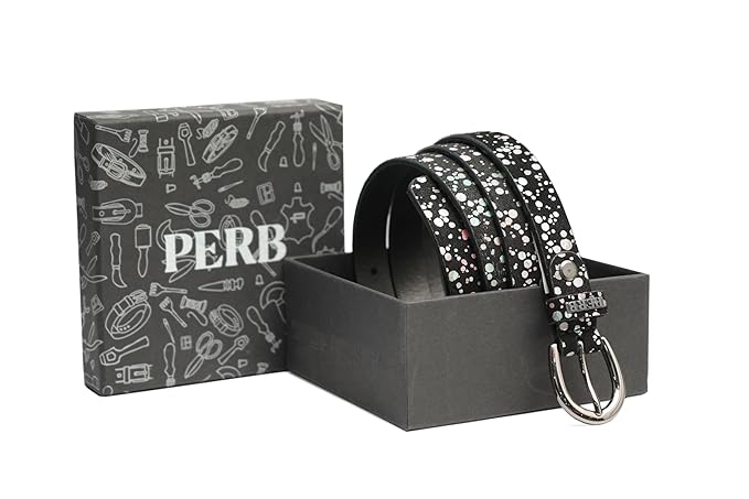 PEWomen Handmade Pin Buckle Premium Leather Belt Casual and Formal Occasion ( Black with Multi Dots Foil)