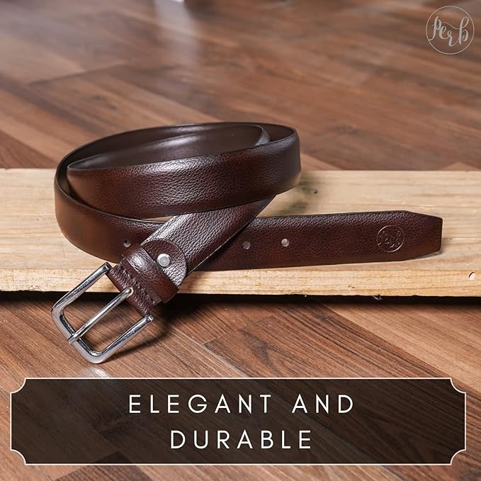 PERB - Full Grain Imported Spanish Leather Belt for Men with Pin Buckle - 100% Handmade (Brown-Nickle Finish Buckle)