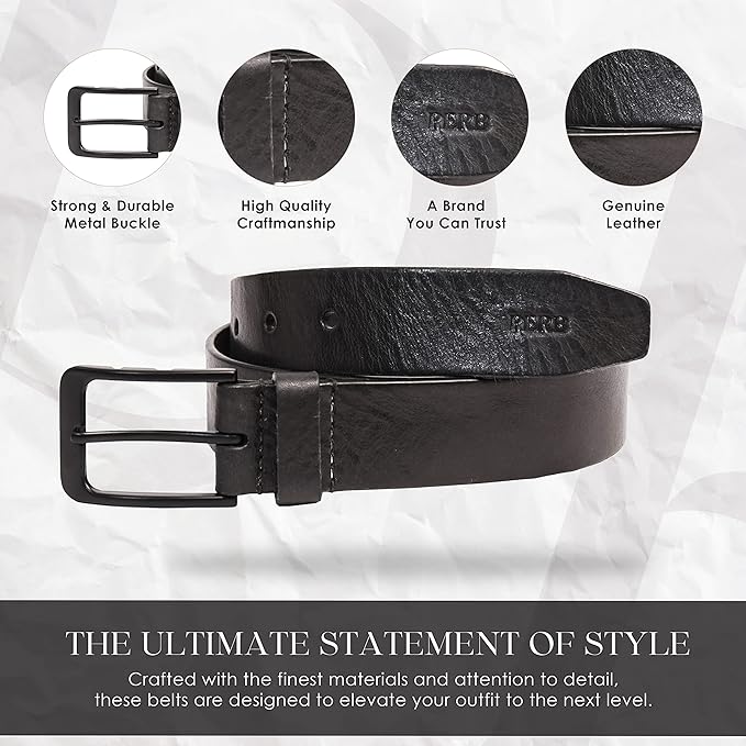 PERB - Full Grain Buffalo Premium Leather Belt for Men with Pin Buckle - 100% Handmade(Black-Matt Black Finish Buckle)