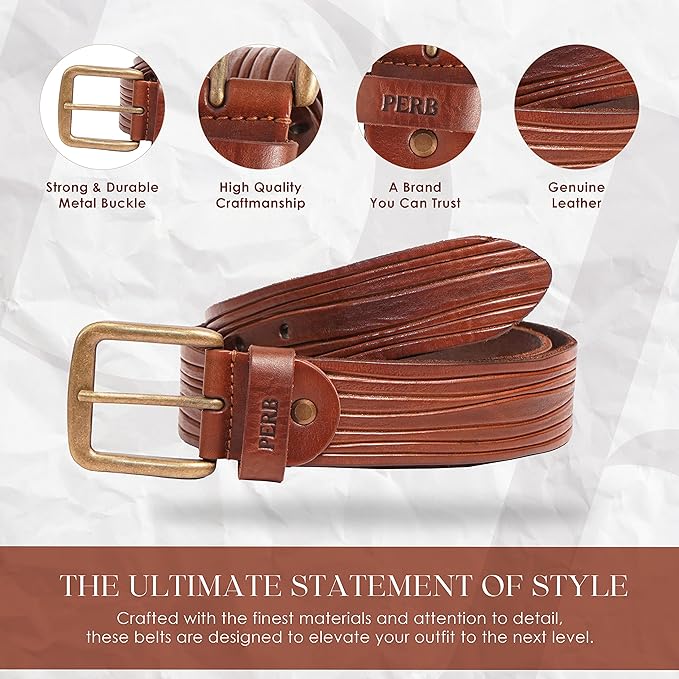 PERB - Full Grain Buffalo Premium Leather Belt for Men with Pin Buckle - 100% Handmade(Brown-Antique Brass Finish Buckle)