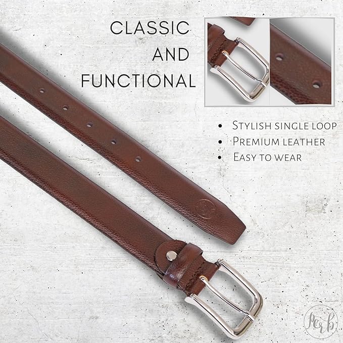 PERB - Full Grain Imported Spanish Leather Belt for Men with Pin Buckle - 100% Handmade (Brown-Nickle Finish Buckle)