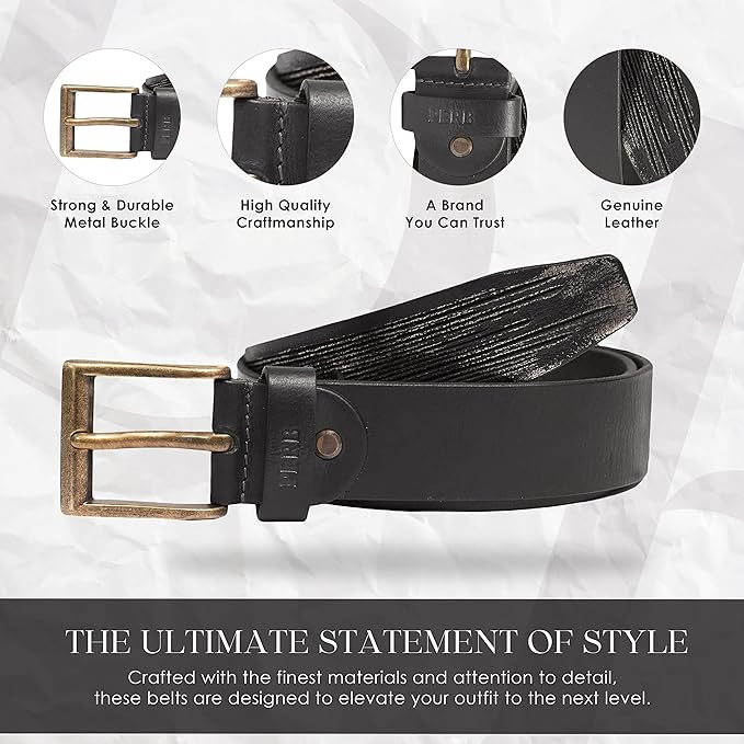 Full Grain Buffalo Premium Leather Belt for Men with Pin Buckle - 100% Handmade( Black-Antique Brass Finish Buckle)