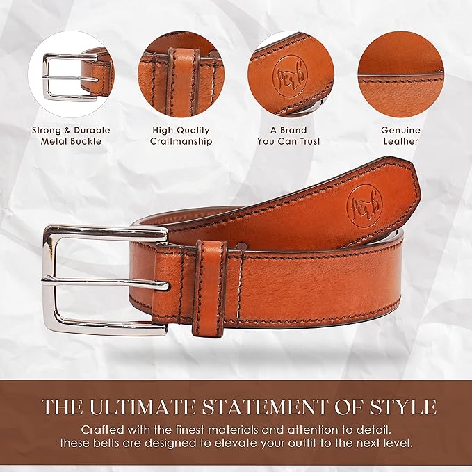 Full Grain Buffalo Premium Leather Belt for Men with Pin Buckle - 100% Handmade( Tan-Nickle Finish Buckle)