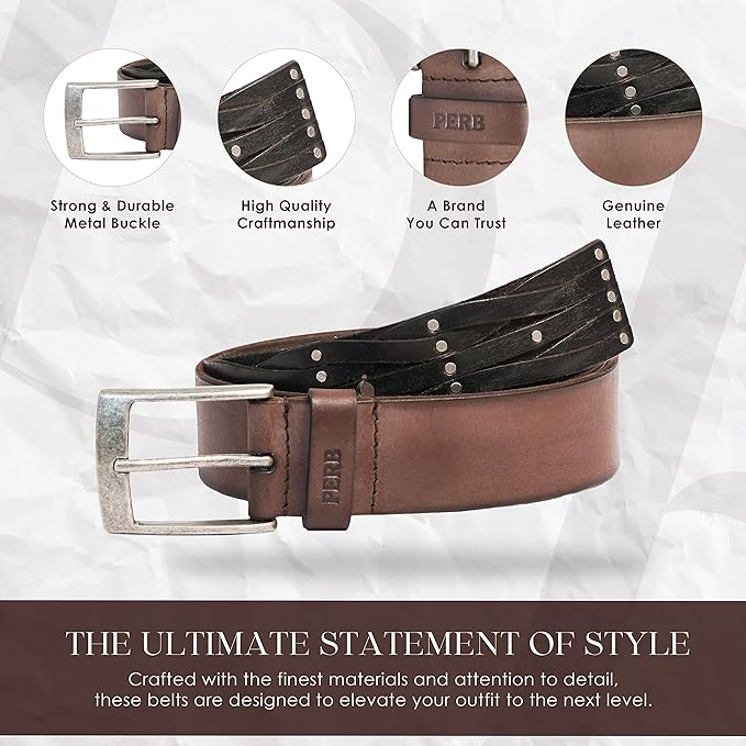 PERB - Full Grain Buffalo Premium Leather Belt for Men with Pin Buckle - 100% Handmade( Washed Brown-Antique Silver Finish Buckle)