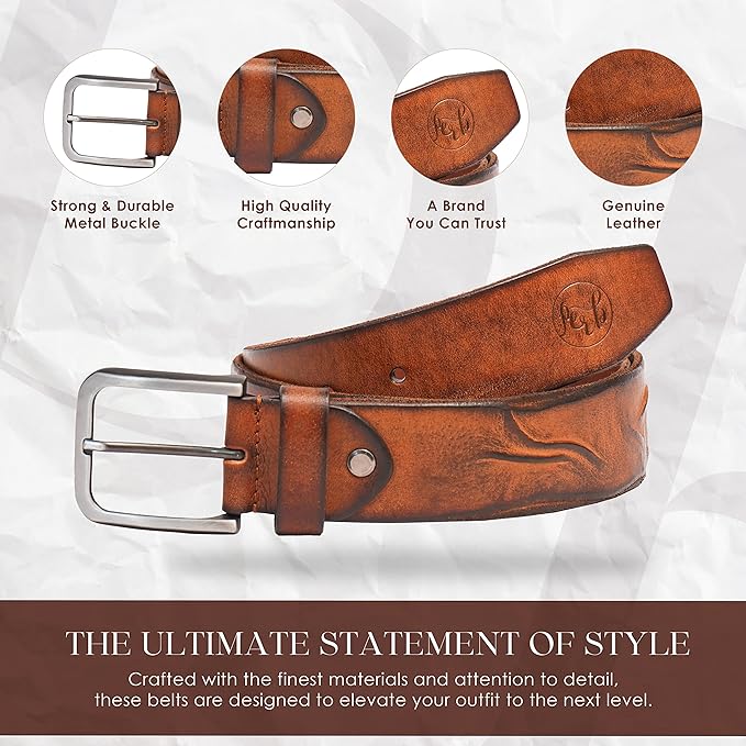 PERB - Full Grain Buffalo Premium Leather Belt for Men with Pin Buckle - 100% Handmade(Tan-Antique Zinc Finish Buckle)