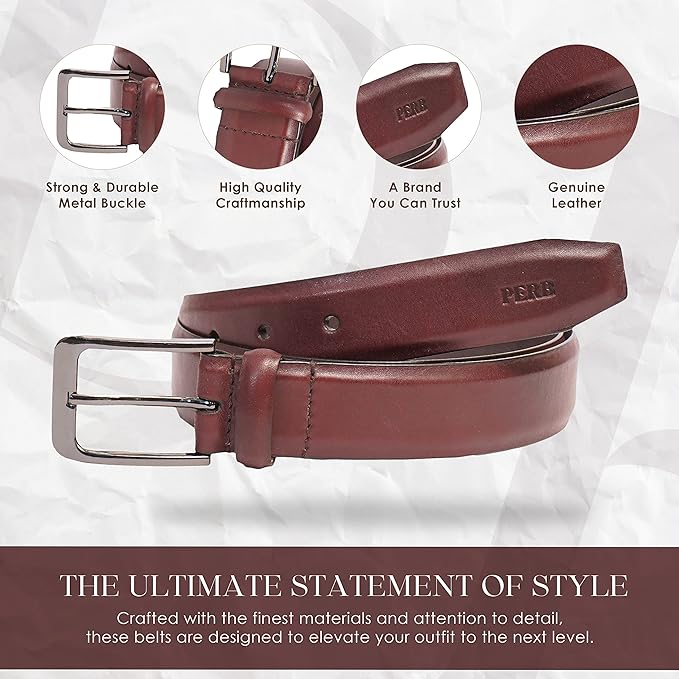 PERB - Full Grain Buffalo Premium Leather Belt for Men with Pin Buckle - 100% Handmade(Maroon-Gunmetal Finish Buckle)