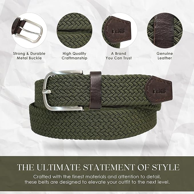 Full Grain Handmade Braided Canvas Leather Belt for Men with Pin Buckle in Brush Nickle Finish (Color - Olive)