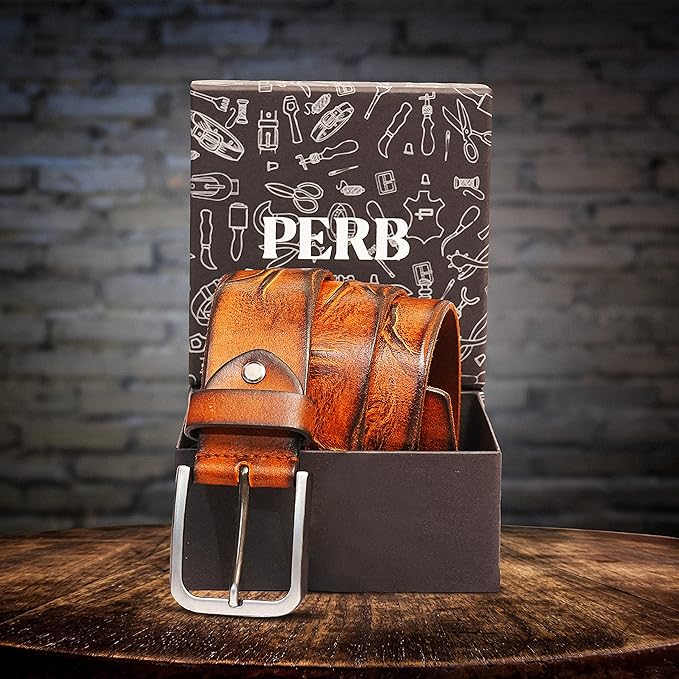 PERB - Full Grain Buffalo Premium Leather Belt for Men with Pin Buckle - 100% Handmade(Tan-Antique Zinc Finish Buckle)