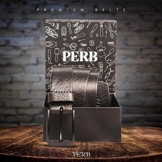 PERB - Full Grain Buffalo Premium Leather Belt for Men with Pin Buckle - 100% Handmade(Black-Matt Black Finish Buckle)