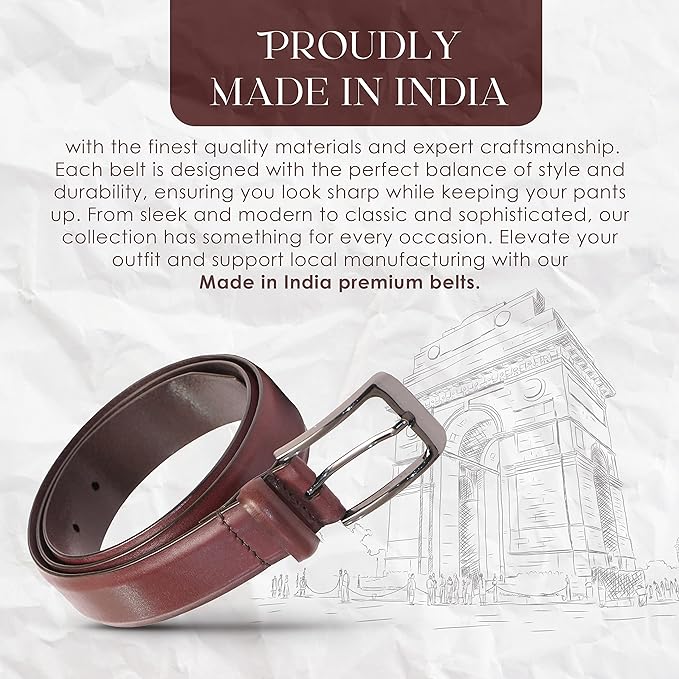 PERB - Full Grain Buffalo Premium Leather Belt for Men with Pin Buckle - 100% Handmade(Maroon-Gunmetal Finish Buckle)