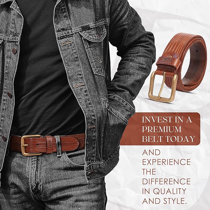 PERB - Full Grain Buffalo Premium Leather Belt for Men with Pin Buckle - 100% Handmade(Brown-Antique Brass Finish Buckle)