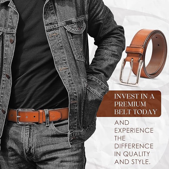 Full Grain Buffalo Premium Leather Belt for Men with Pin Buckle - 100% Handmade( Tan-Nickle Finish Buckle)