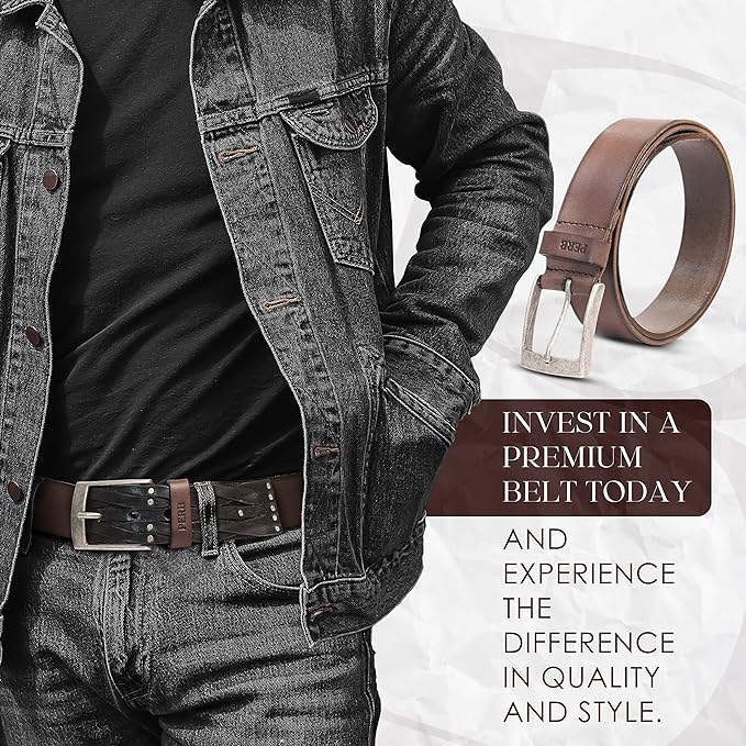 PERB - Full Grain Buffalo Premium Leather Belt for Men with Pin Buckle - 100% Handmade( Washed Brown-Antique Silver Finish Buckle)