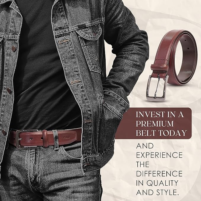 PERB - Full Grain Buffalo Premium Leather Belt for Men with Pin Buckle - 100% Handmade(Maroon-Gunmetal Finish Buckle)