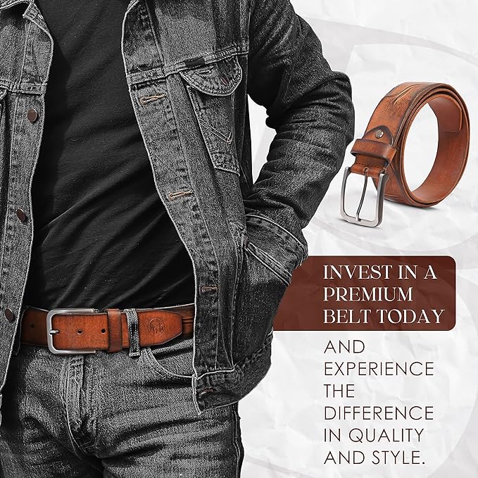 PERB - Full Grain Buffalo Premium Leather Belt for Men with Pin Buckle - 100% Handmade(Tan-Antique Zinc Finish Buckle)