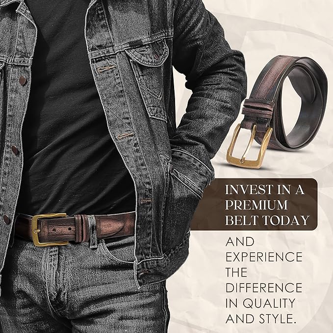 Full Grain Buffalo Premium Leather Belt for Men with Pin Buckle - 100% Handmade( Washed Black with Brown-Brass Finish Buckle)